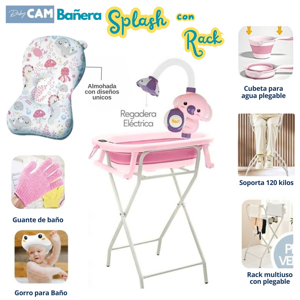 CAM - Bañera digital plegable con accesorios Splash Rosado