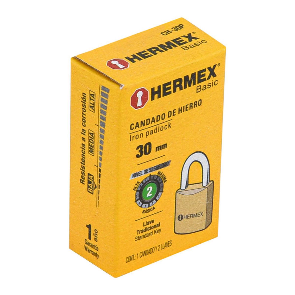 HERMEX - Candado de hierro color latón 30 mm arco normal caja Hermex Basic - 23522