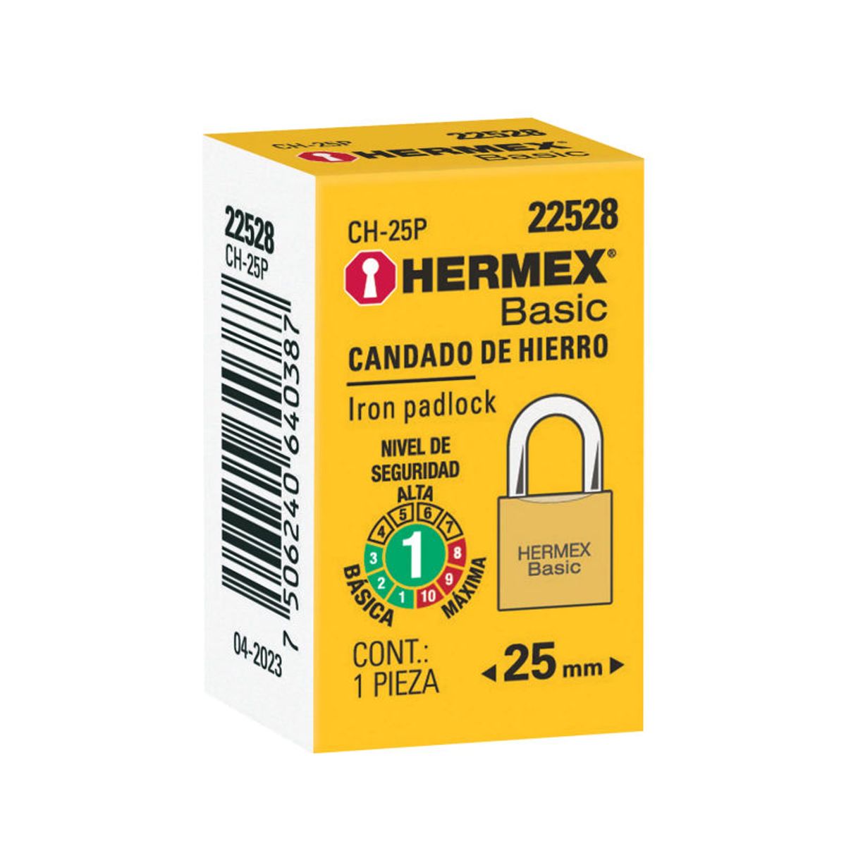 HERMEX - Candado de hierro color latón 25 mm arco normal caja Hermex Basic - 22528