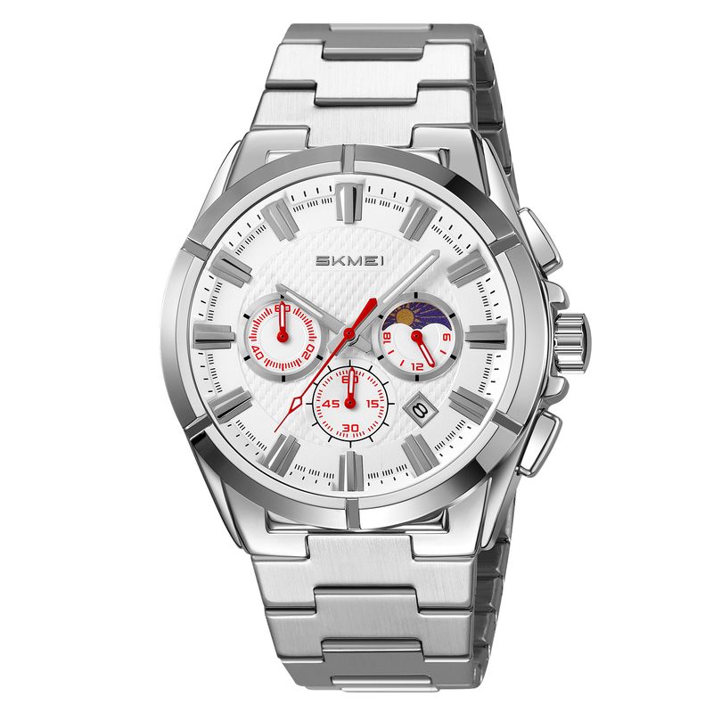 SKMEI - Reloj Skmei 9355 MOON PHASE Plateado Cronómetro Correa Acero