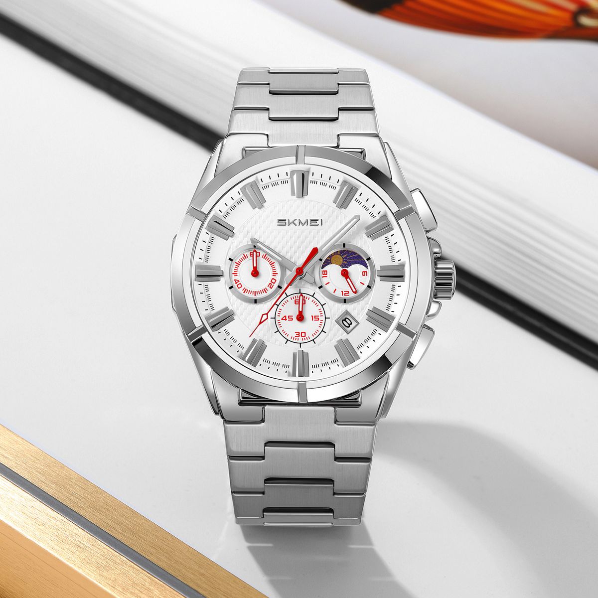 Skmei - Reloj Skmei 9355 MOON PHASE Plateado Cronómetro Correa Acero