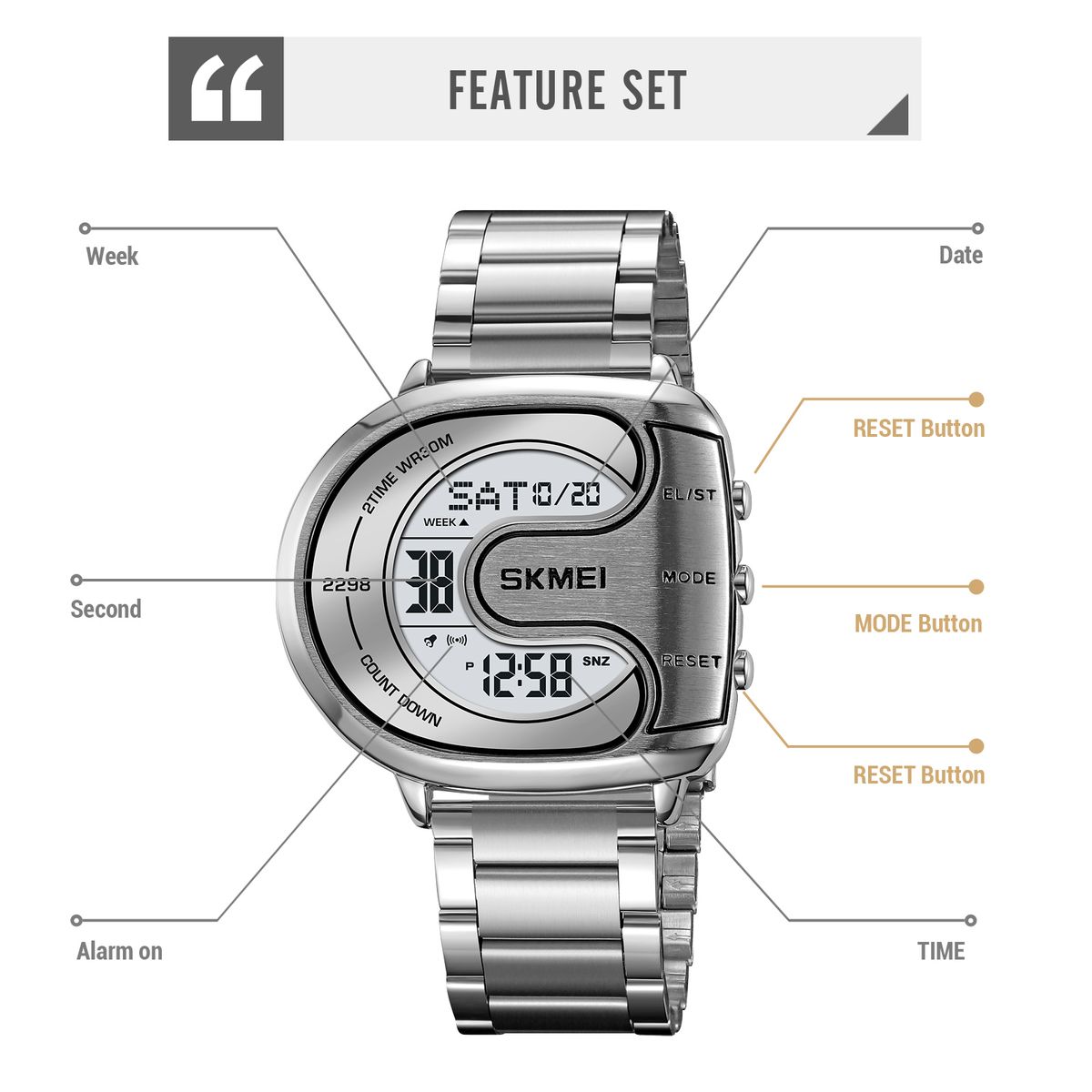 SKMEI - Reloj Skmei 2298 Plateado Digital Correa Acero