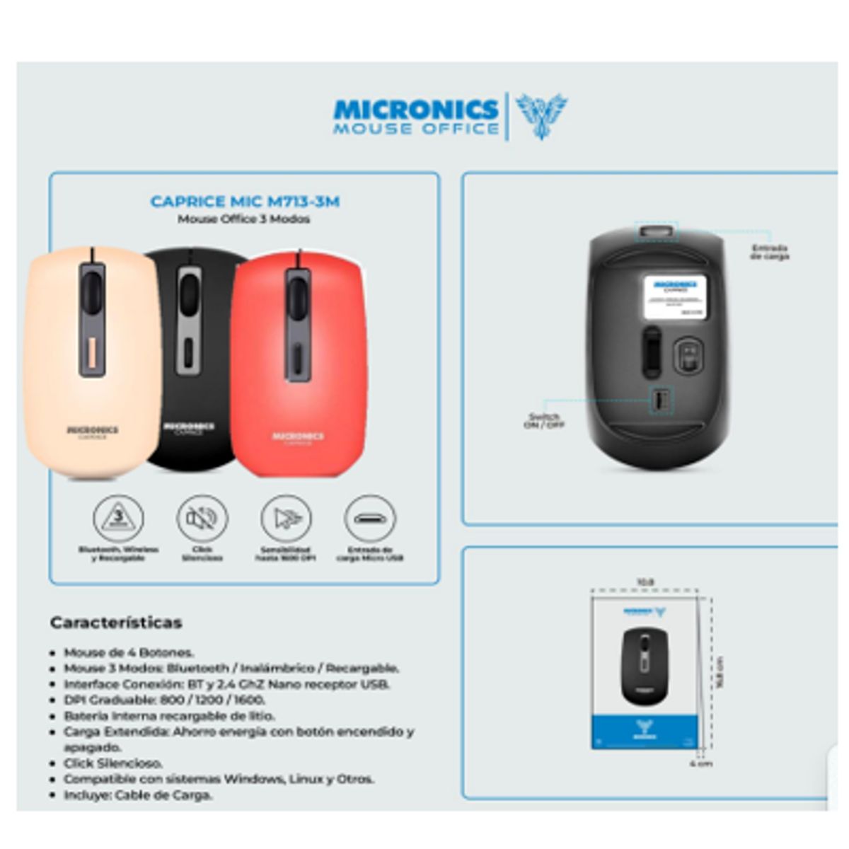 MICRONICS - Mouse Inalambrico CAPRICE MIC M713-3M BT WIFI Recargable MICRONICS