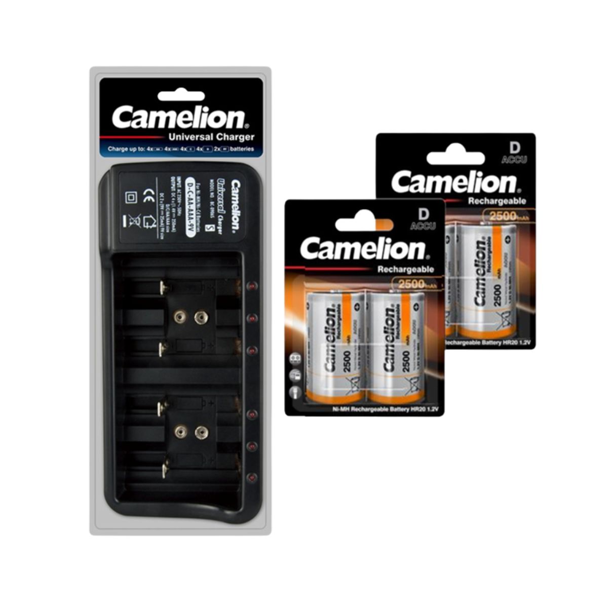 CAMELION - CARGADOR UNIVERSAL BC-0906SM + 4 PILAS D 2500mAh RECARGABLES