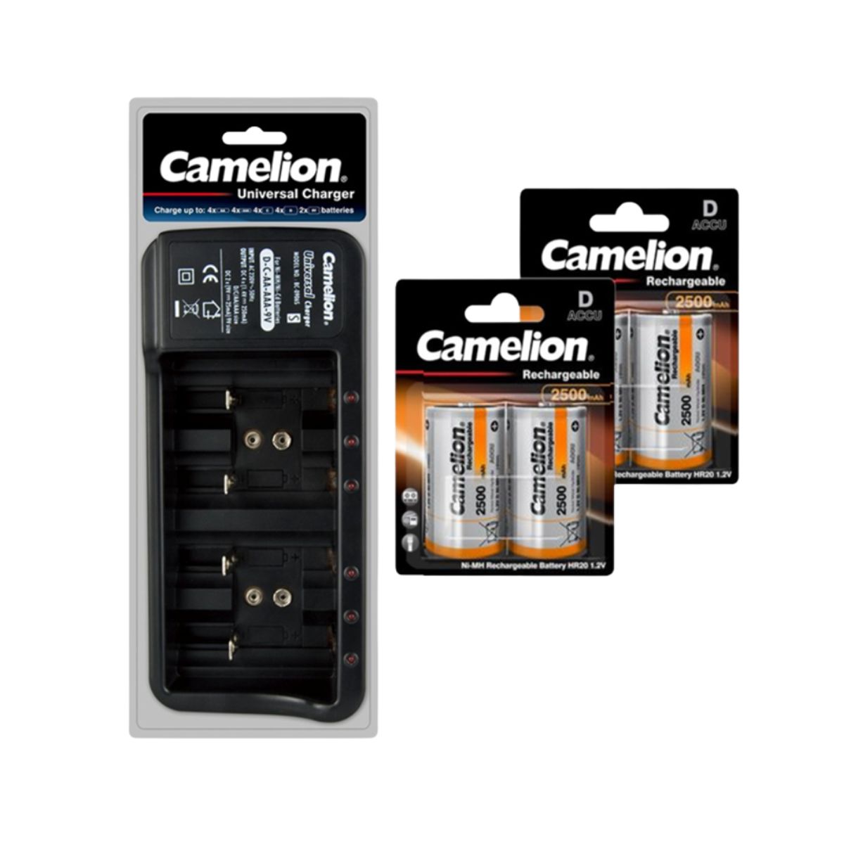 CAMELION - CARGADOR UNIVERSAL BC-0906SM + 4 PILAS D 2500mAh RECARGABLES