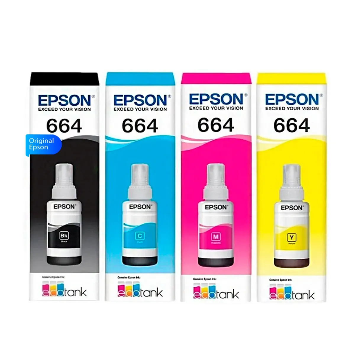 EPSON - Kit de Tinta Epson T664 De 4 Colores T664 Negro Cyan Magenta Amarillo