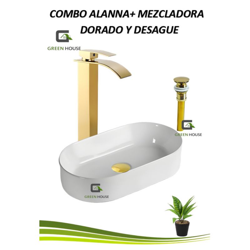 GENERICO - COMBO G2 LAVATORIO ALANNA +MEZCLADORA MONOCOMANDO DORADO BRILLANTE