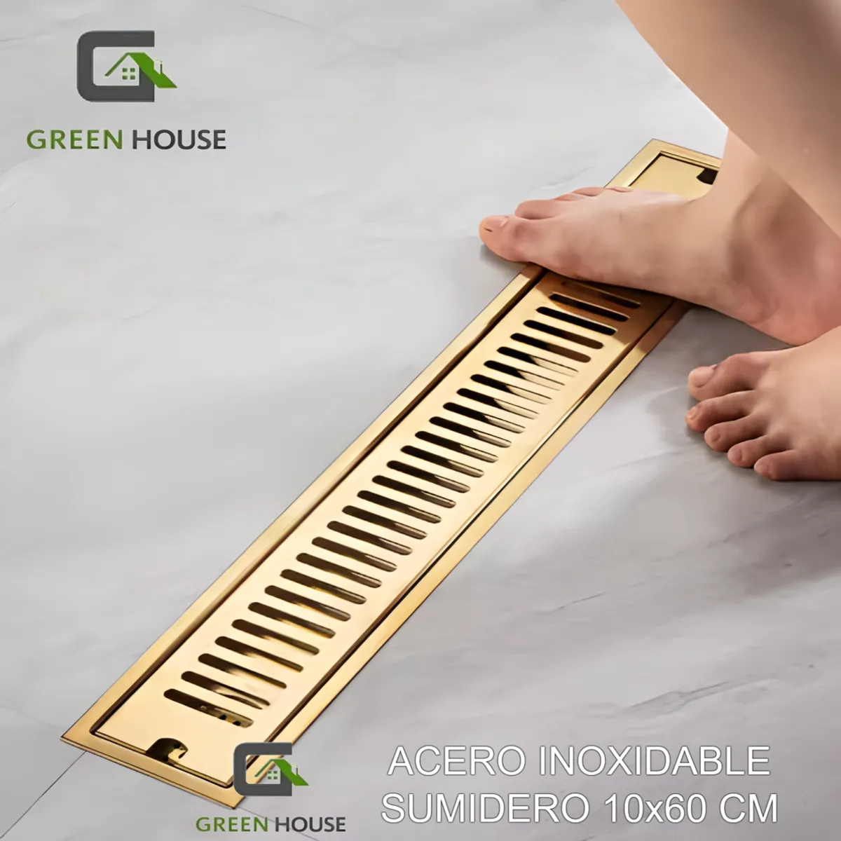 GREEN HOUSE - SUMIDERO DORADO BRILLANTE ACERO SUS 304 DE 10x60 CM