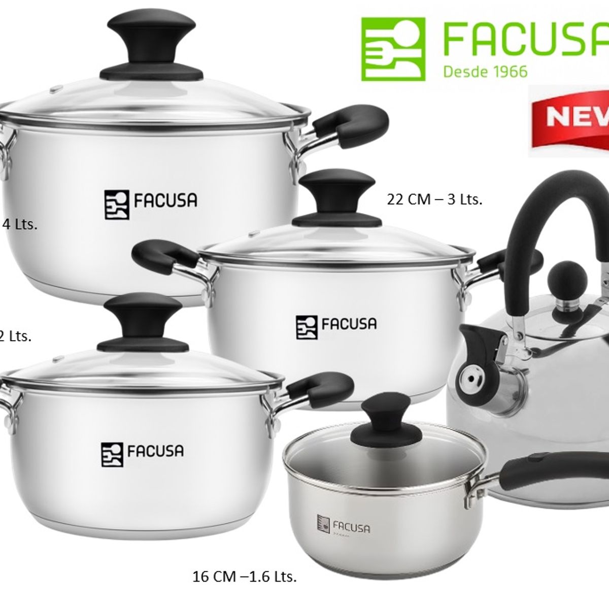 FACUSA - Juego de ollas 9 Piezas  Acero Inoxidable con tapa de vidrio Facusa