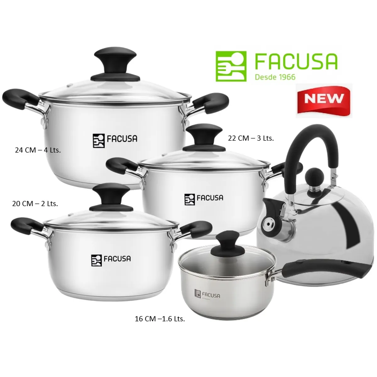 FACUSA - Juego de ollas 9 Piezas  Acero Inoxidable con tapa de vidrio Facusa