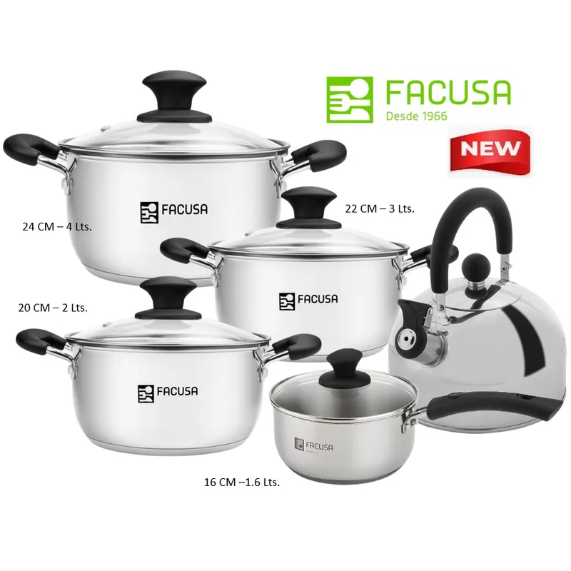 FACUSA - Juego de ollas 9 Piezas  Acero Inoxidable con tapa de vidrio Facusa