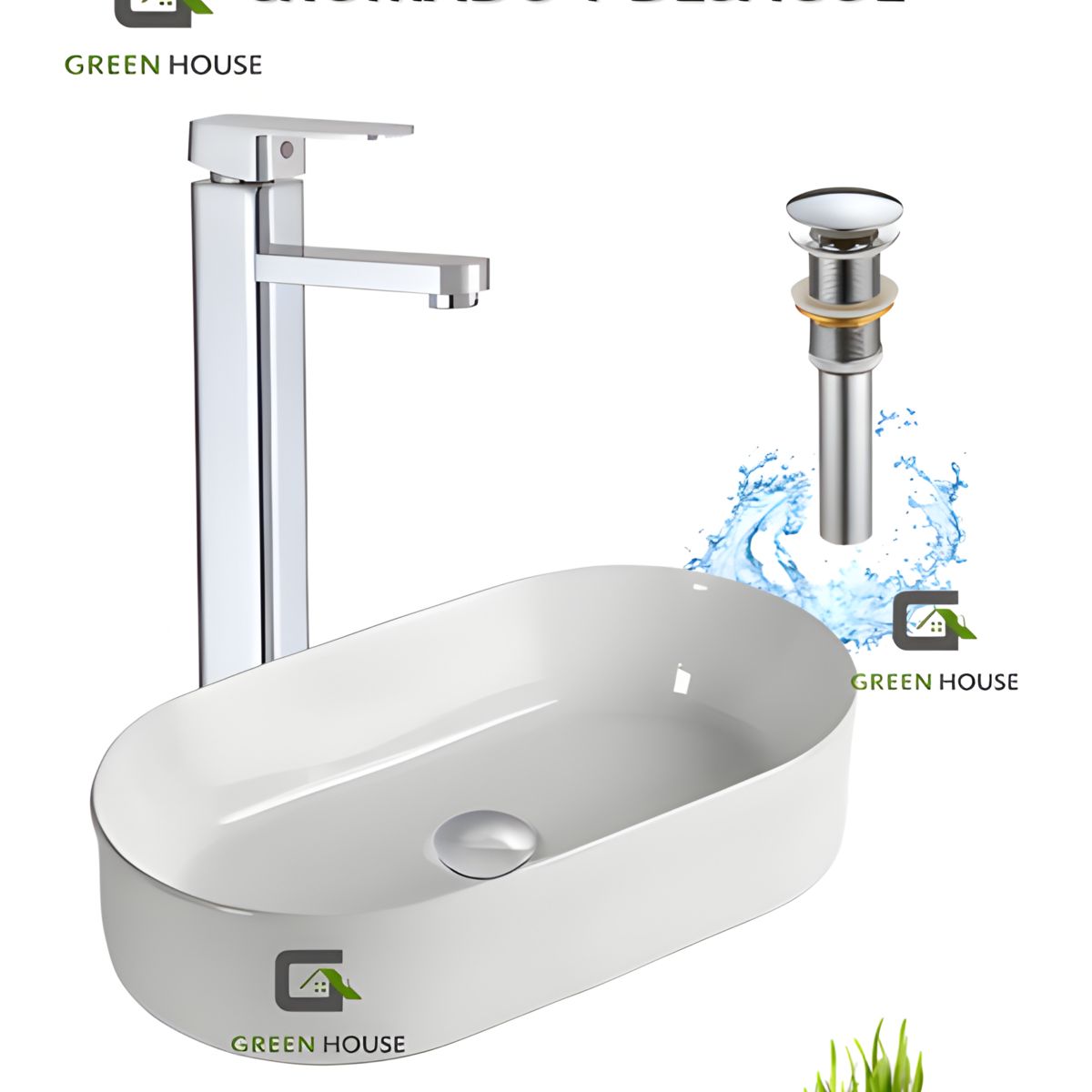 GREEN HOUSE - COMBO G2 LAVATORIO  ALANNA  BLANCO + MEZCLADORA CUADRADO CROMADO