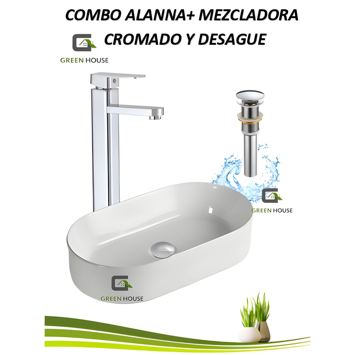 GREEN HOUSE - COMBO G2 LAVATORIO  ALANNA  BLANCO + MEZCLADORA CUADRADO CROMADO
