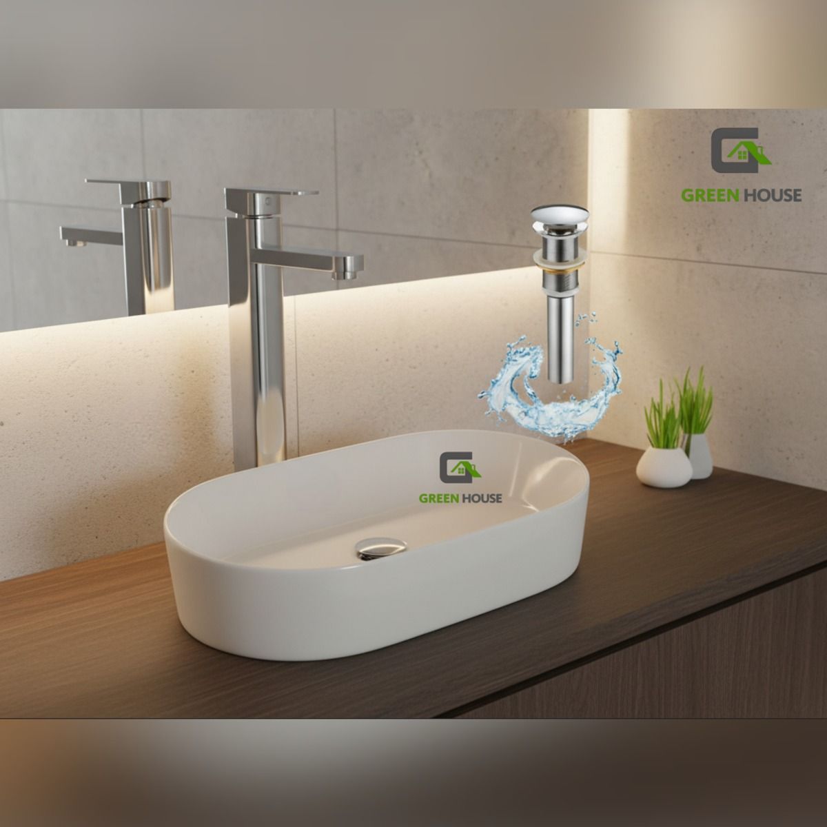 GREEN HOUSE - COMBO G2 LAVATORIO  ALANNA  BLANCO + MEZCLADORA CUADRADO CROMADO