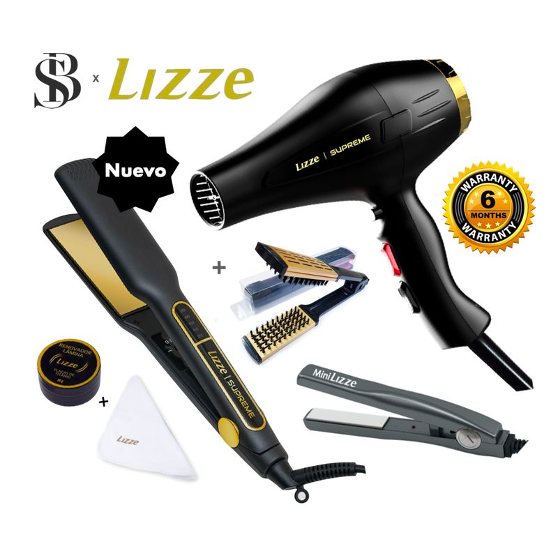 LIZZE - PLANCHA 485F Y SECADORA 2600W LIZZE SUPREME + MINI LIZZE + CEPILLO NO ELECTRICO + KIT PULIDO