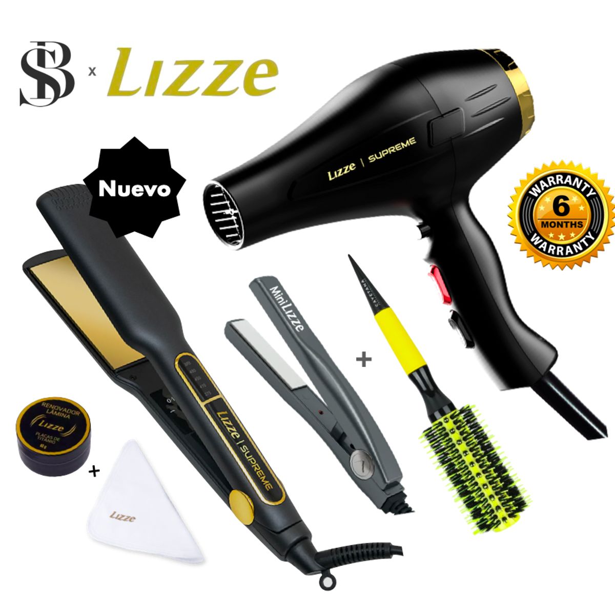 LIZZE - PLANCHA 485F Y SECADORA 2600W DE CABELLO LIZZE SUPREME + MINI LIZZE + CEPILLO TERMICO + KIT PULIDO