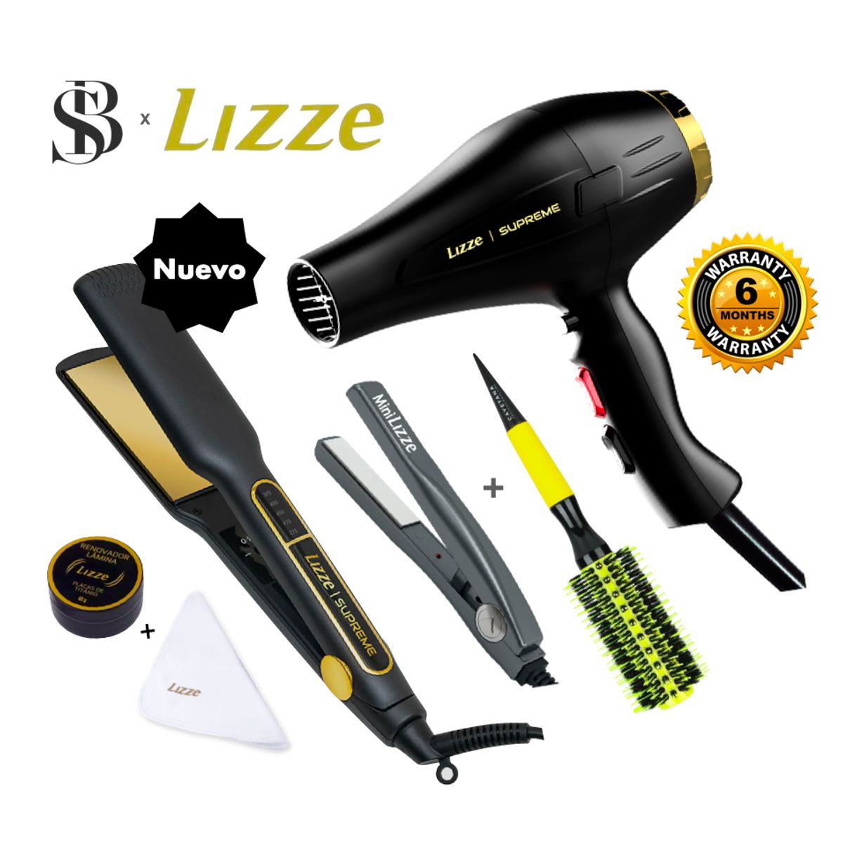 LIZZE - PLANCHA 485F Y SECADORA 2600W DE CABELLO LIZZE SUPREME + MINI LIZZE + CEPILLO TERMICO + KIT PULIDO