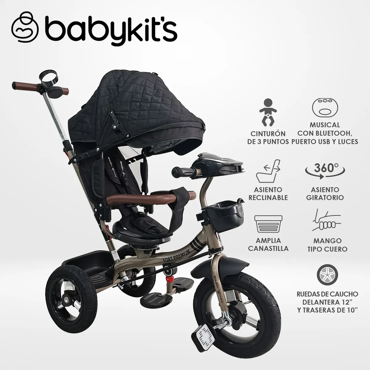 BABY KITS - Triciclo Fort Premium Gold - 5 en 1 Negro