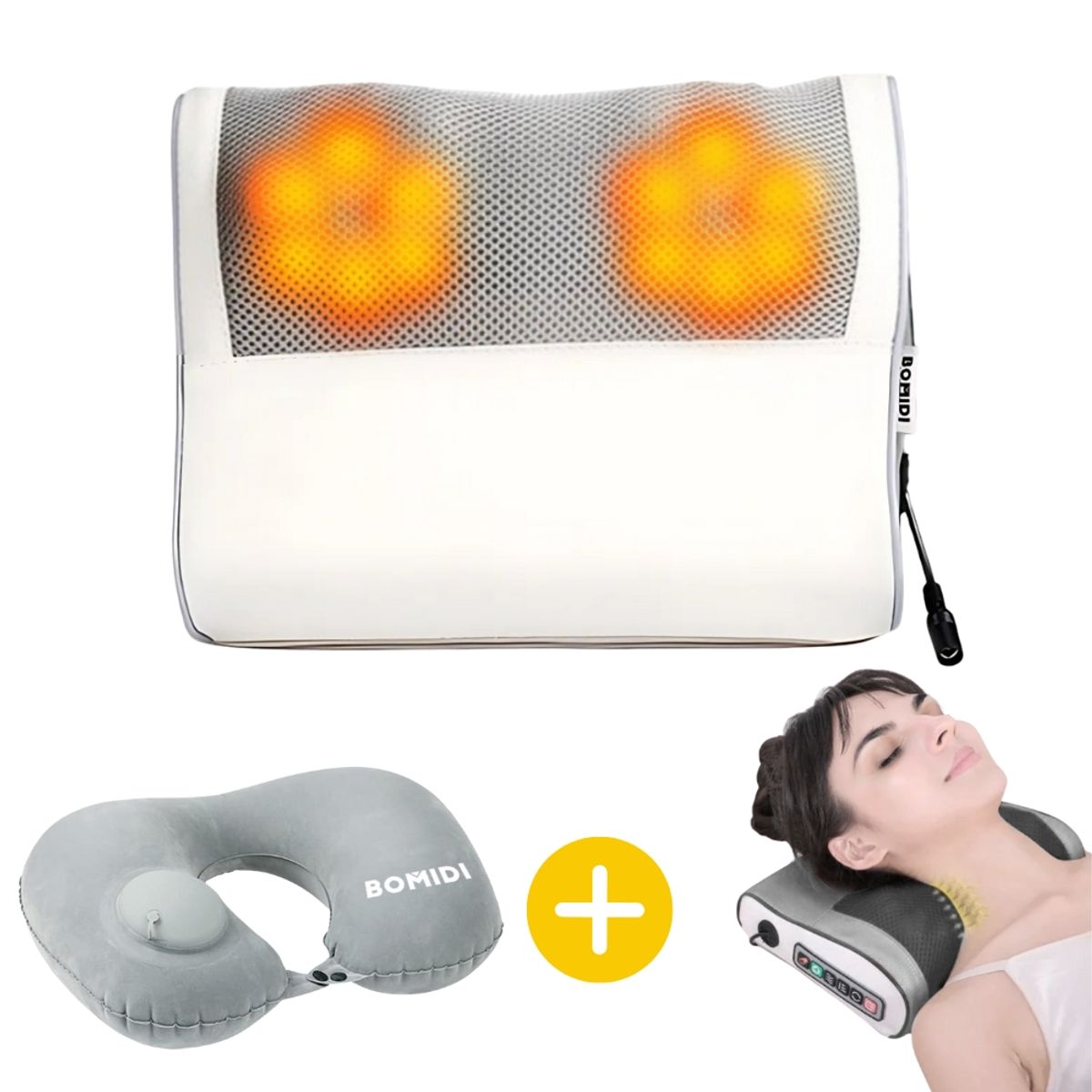 BOMIDI - Almohada Eléctrica Masajeadora Blanco + Almohada de Cuello Inflable