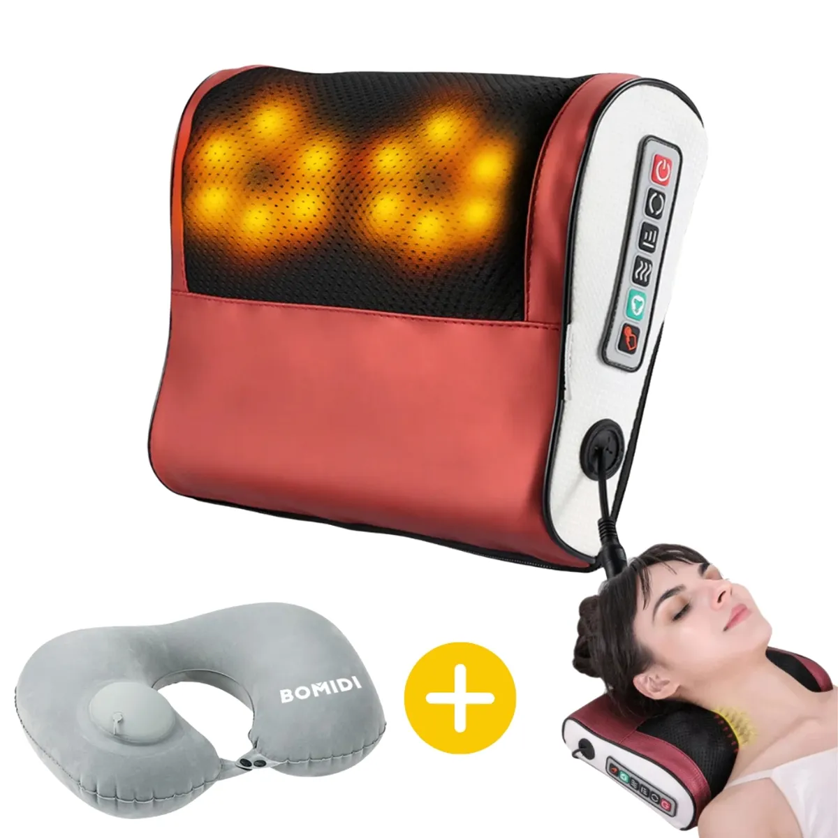 BOMIDI - Almohada Eléctrica Masajeadora Rojo + Almohada de Cuello Inflable