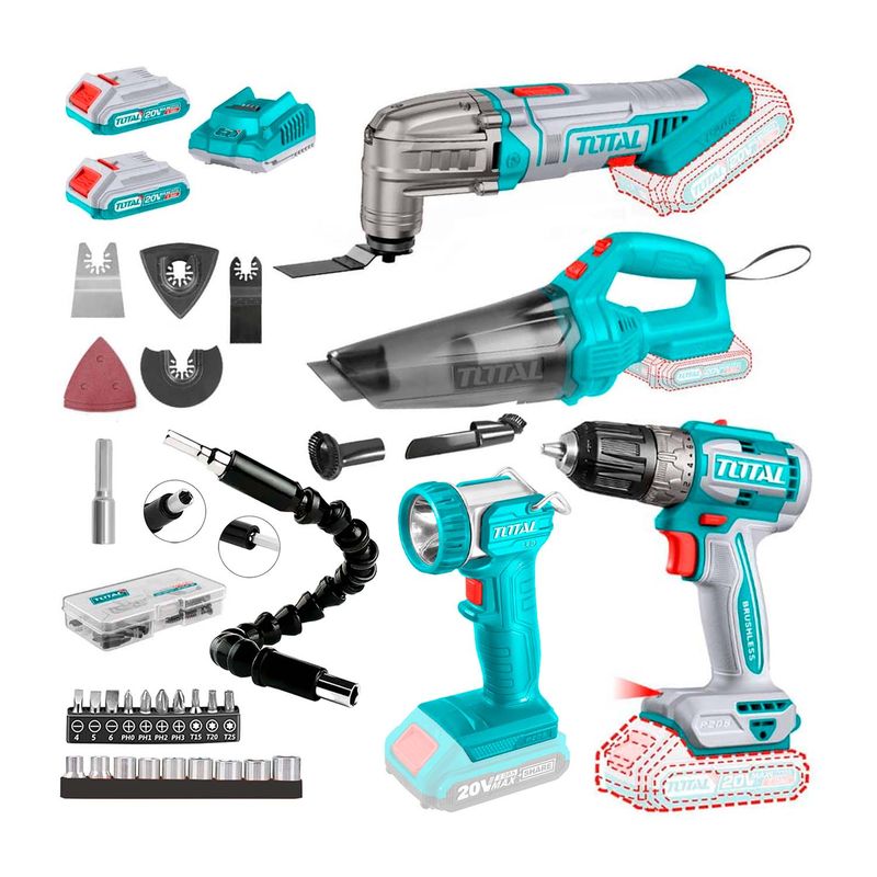 TOTAL TOOLS - Set Taladro Bl + Aspiradora 20v + Multiherramienta +Linterna Total