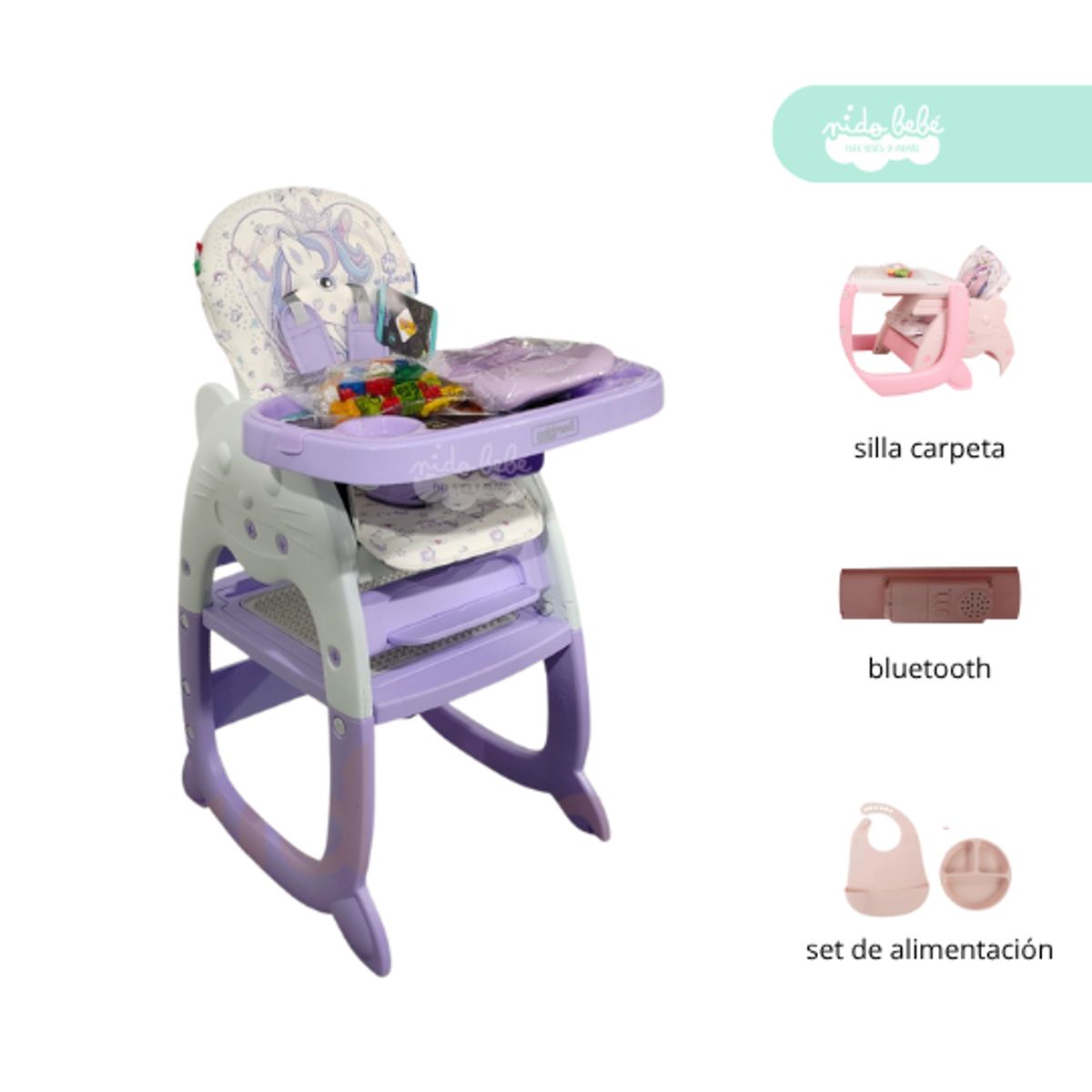 BABY - Silla Carpeta De Comer Convertible CON BLUETOOTH LILA