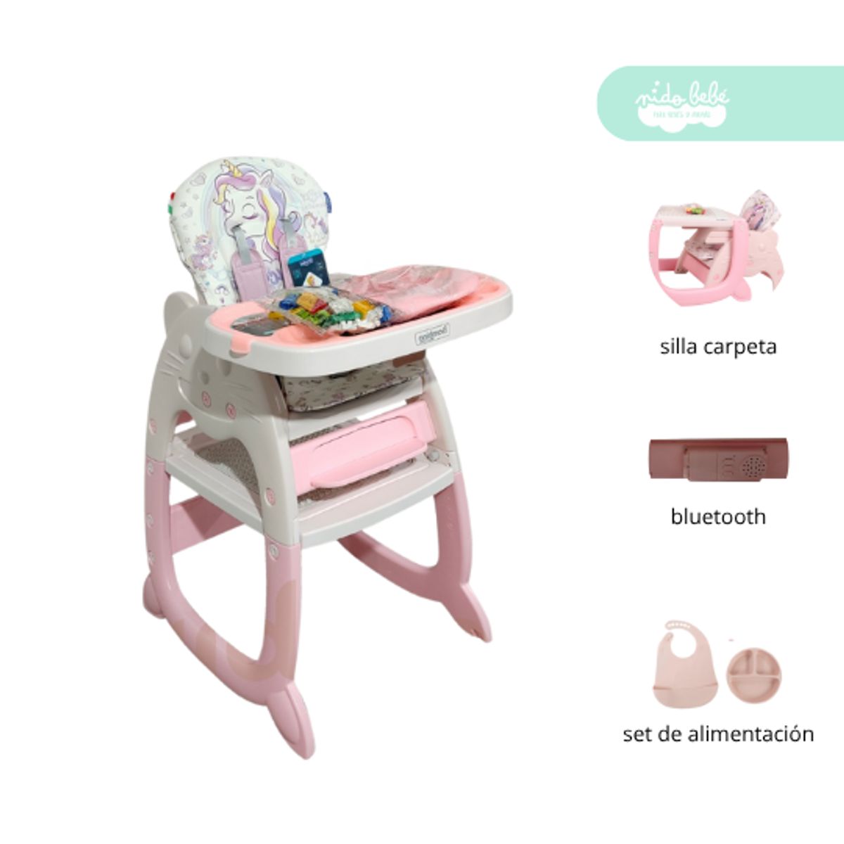 BABY - Silla Carpeta De Comer Convertible CON BLUETOOTH PINK
