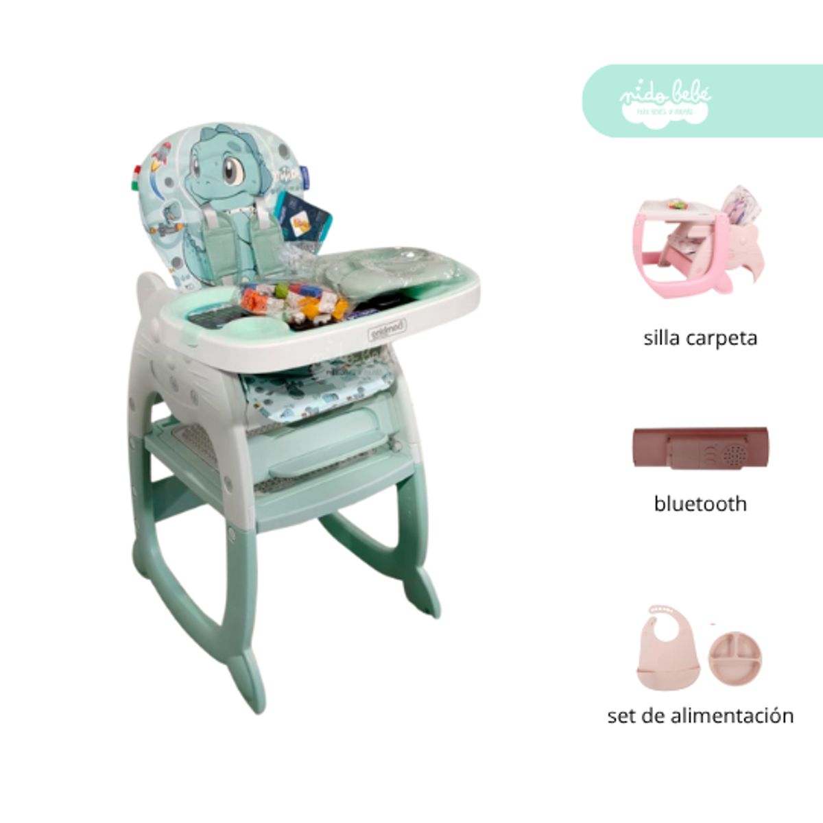 BABY - Silla Carpeta De Comer Convertible CON BLUETOOTH GREEN