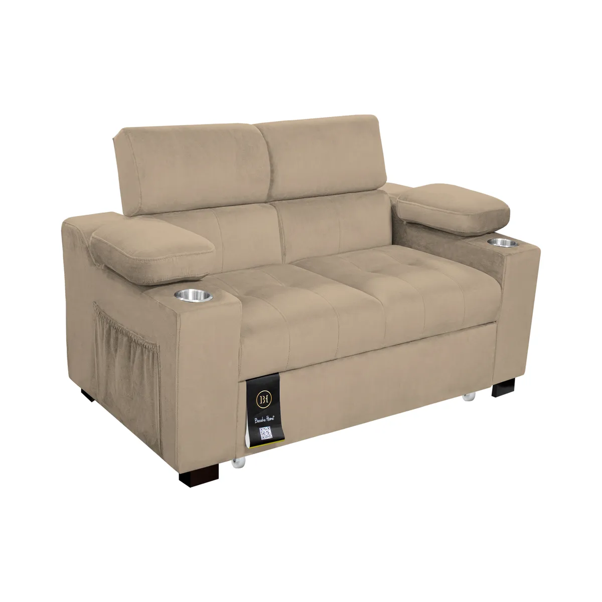 BARAKA HOME - Sofá Cama Baltimore con Porta Vasos y Bolsillo 2 plz - Beige Claro