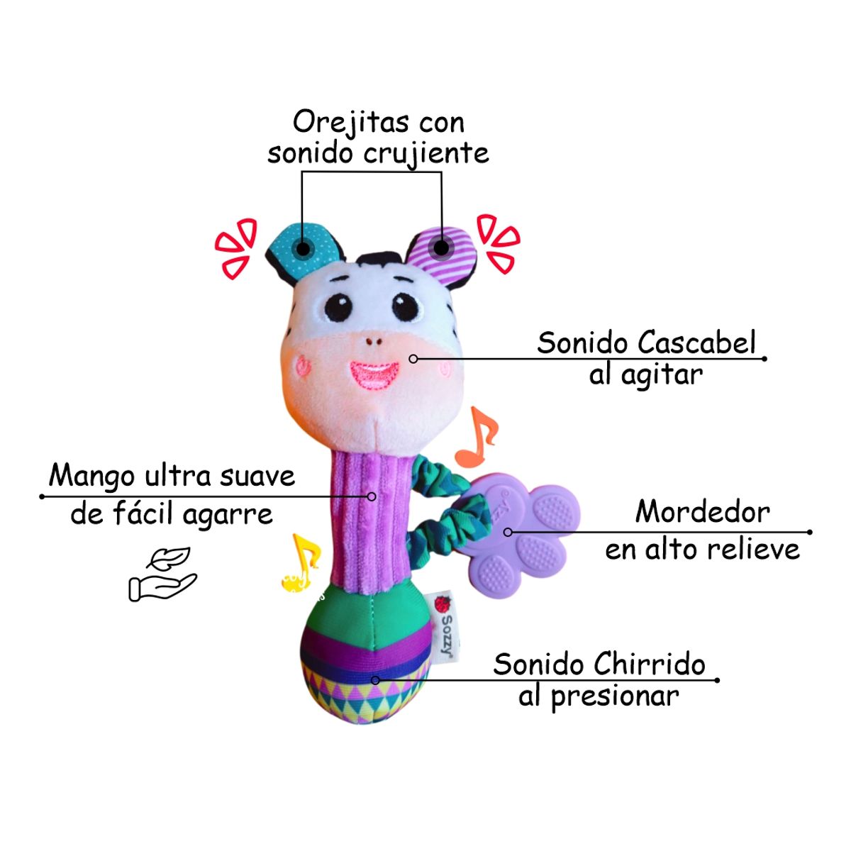 BABY - Peluche Sonajero con Mordedor para Bebés CEBRITA