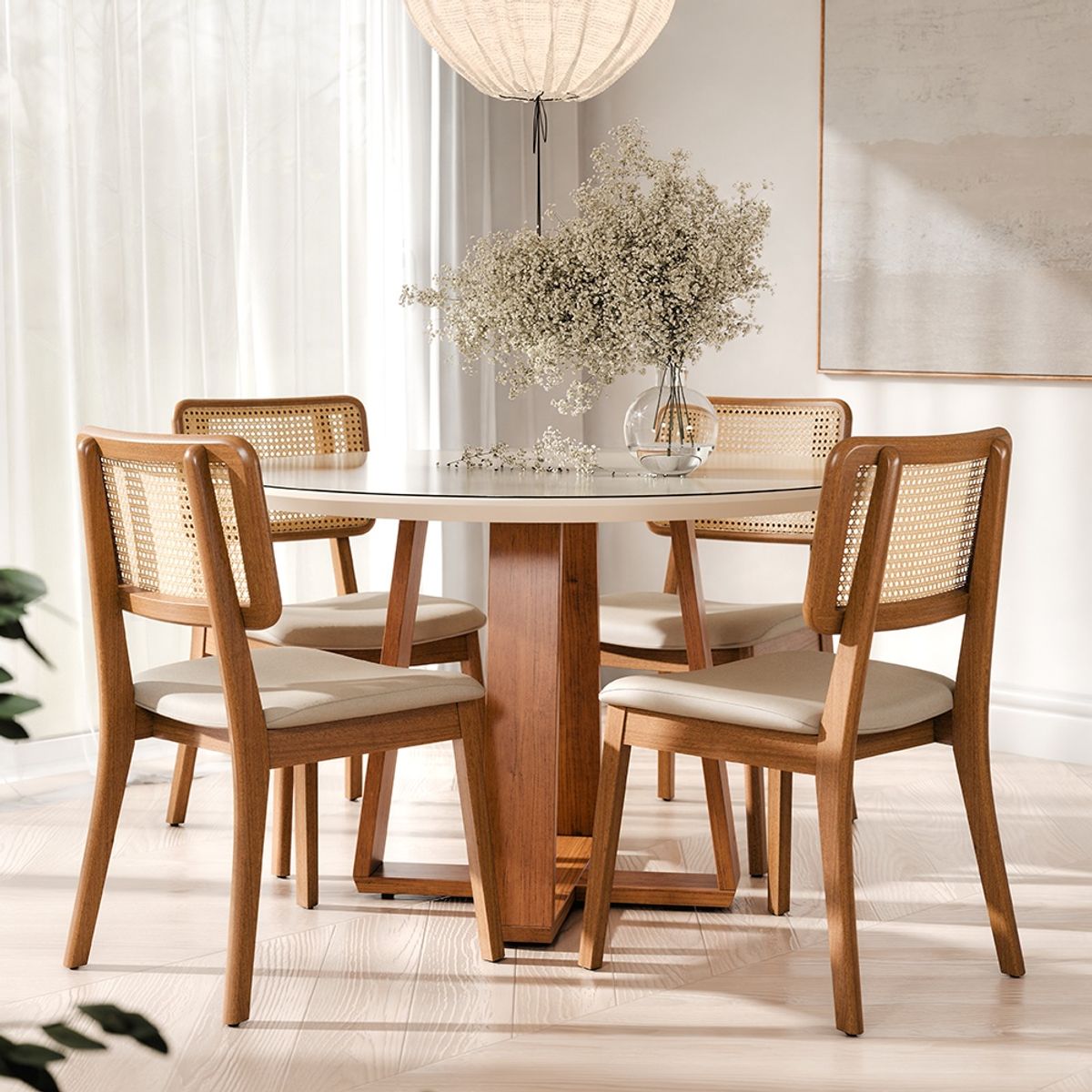 PAZART MUEBLES - COMEDOR 4 SILLAS REDONDO MADERA 1.2 RATTAN LINO BEIGE