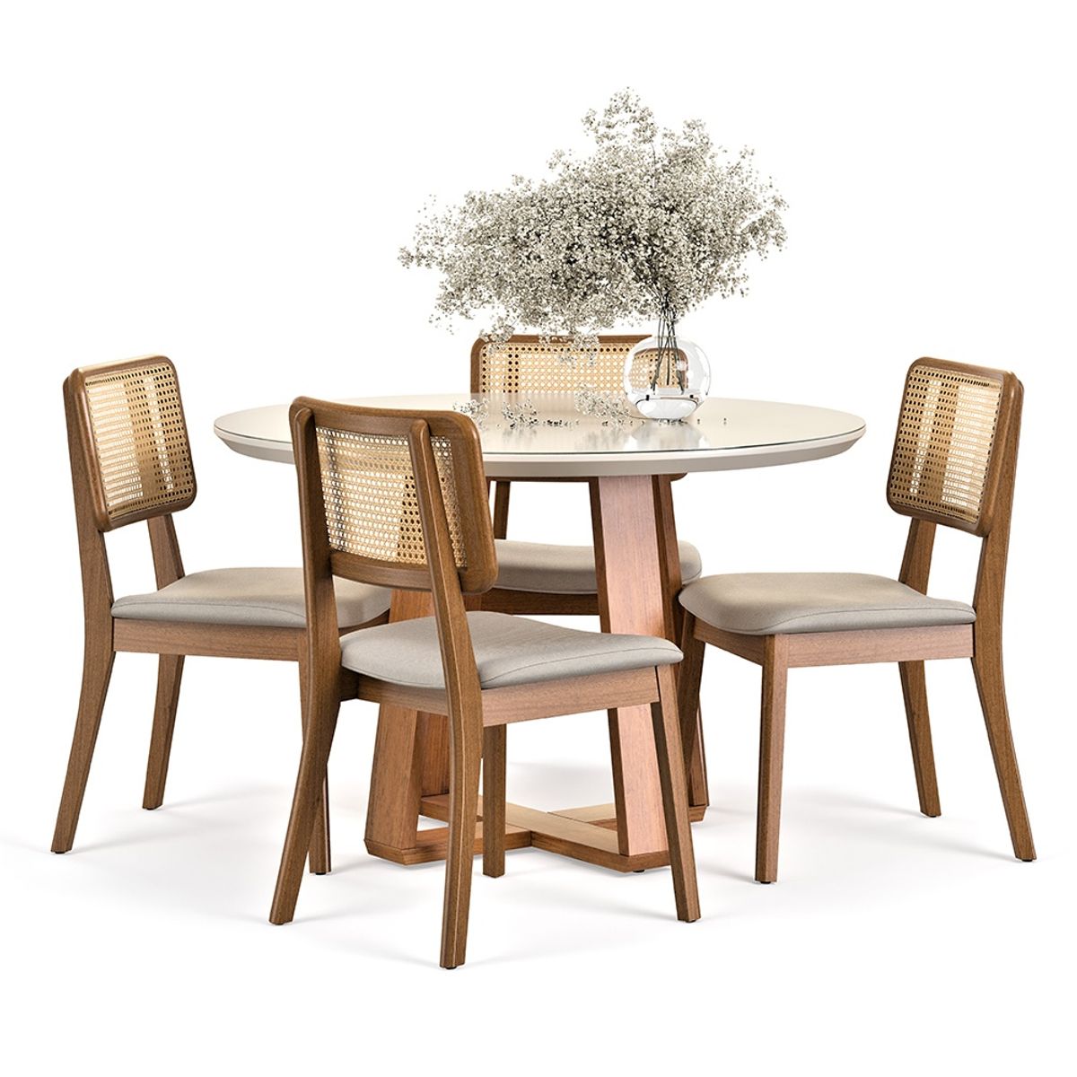 PAZART MUEBLES - COMEDOR 4 SILLAS REDONDO MADERA 1.2 RATTAN LINO BEIGE