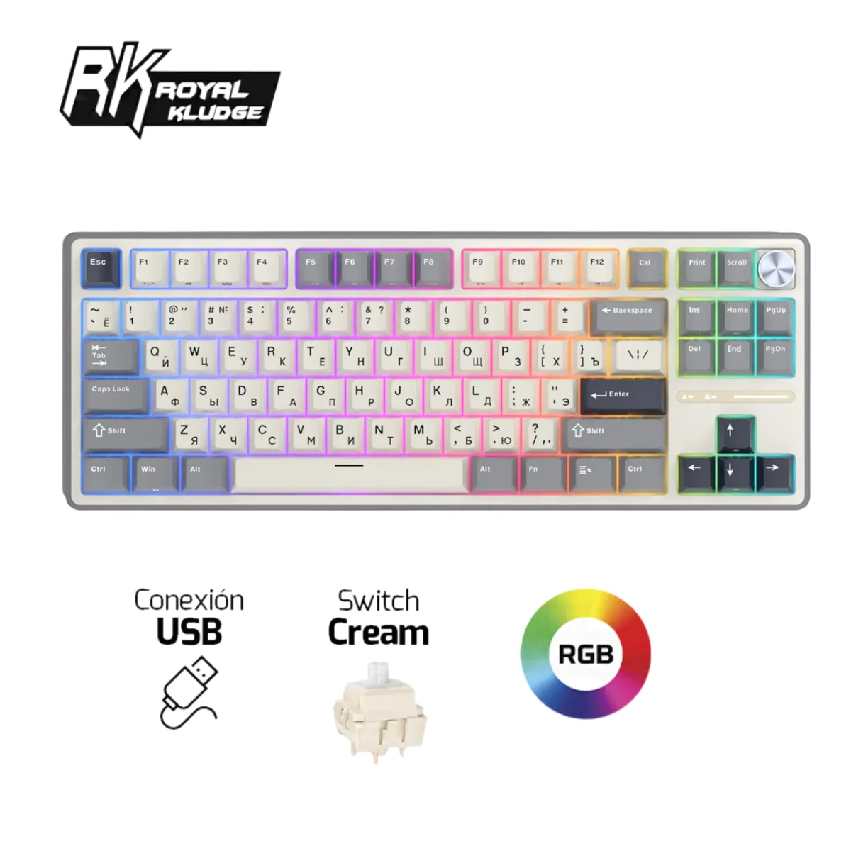 ROYAL KLUDGE - Teclado RK-R87PRO TKL Half Grey Creamy Switch Cableado