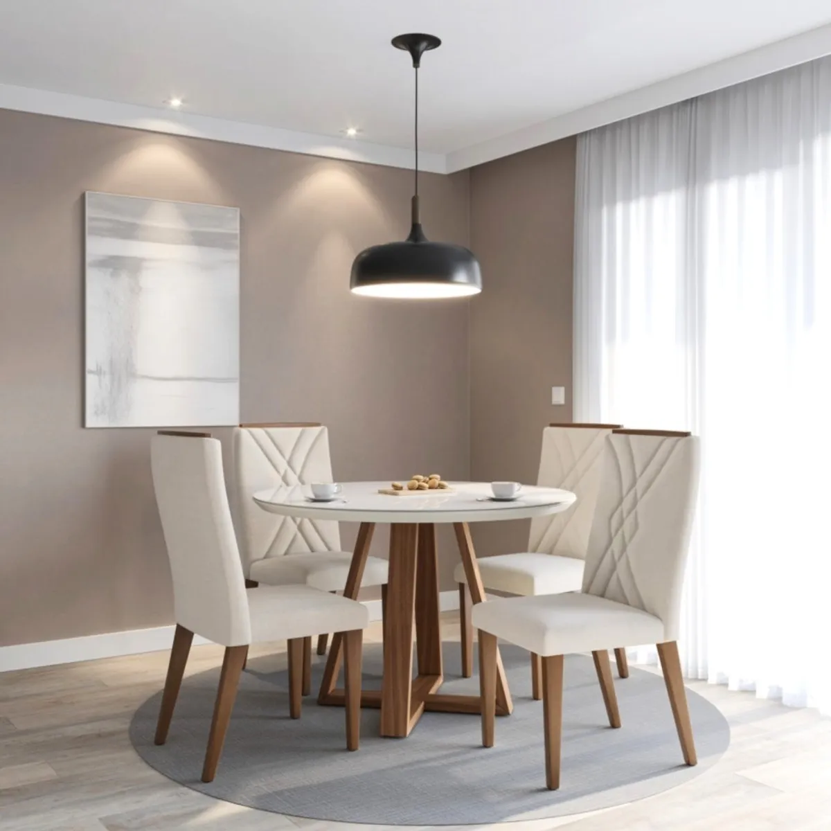 PAZART MUEBLES - COMEDOR 4 SILLAS 1.15 REDONDO MEGAN OFF WHITE & VIDRIO PATAS MADERA