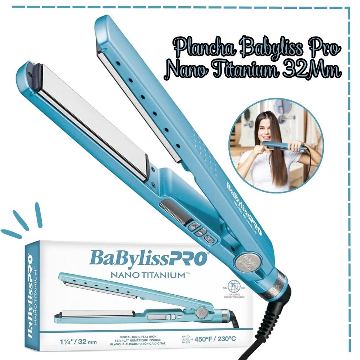 BABYLISS PRO - Plancha Alisadora Babyliss Pro Nano Titanium 32mm 1 ¼" - 450°F.