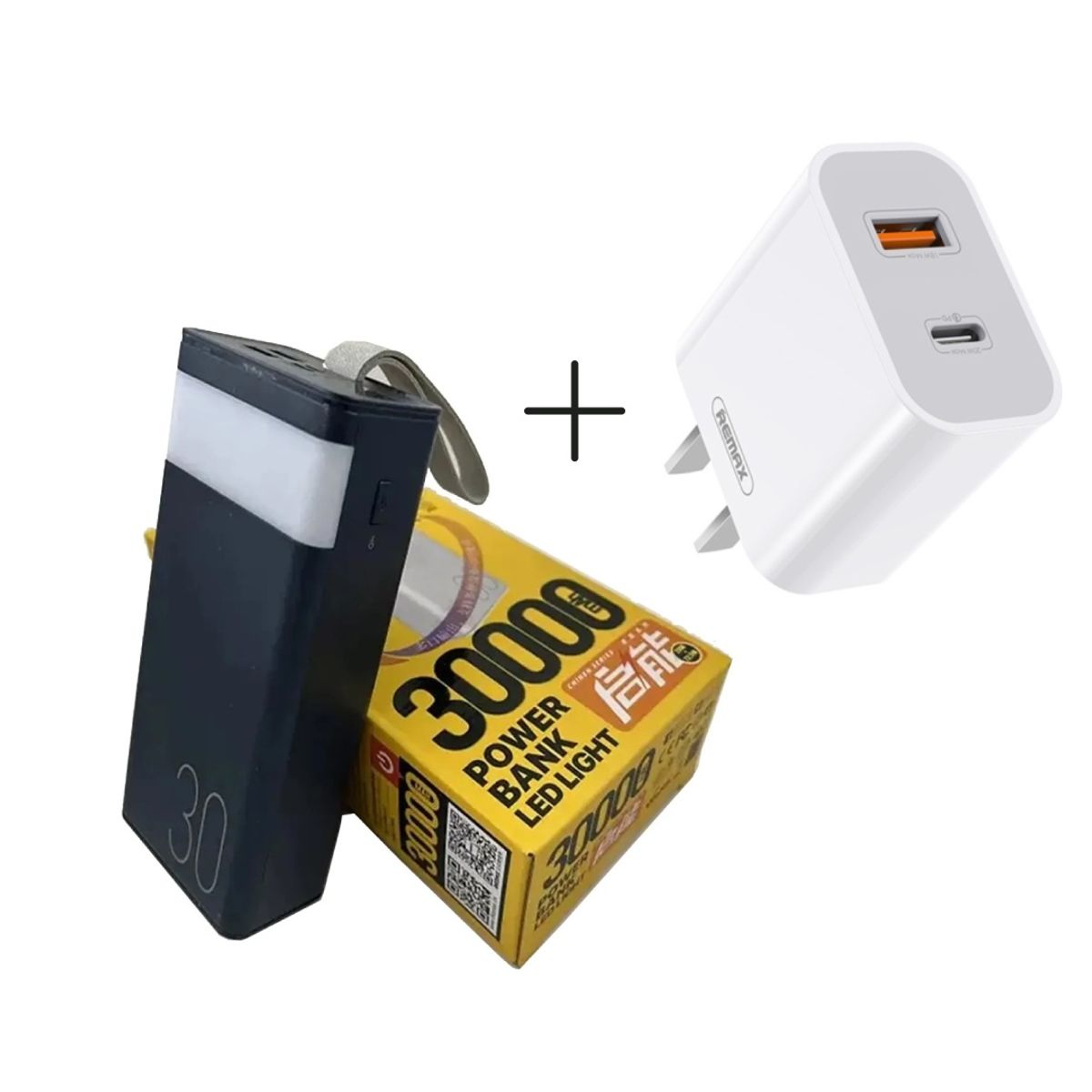 REMAX - Power Bank 30000mAh + Cargador de Pared Remax RPP-320 NEGRO + RP-U68