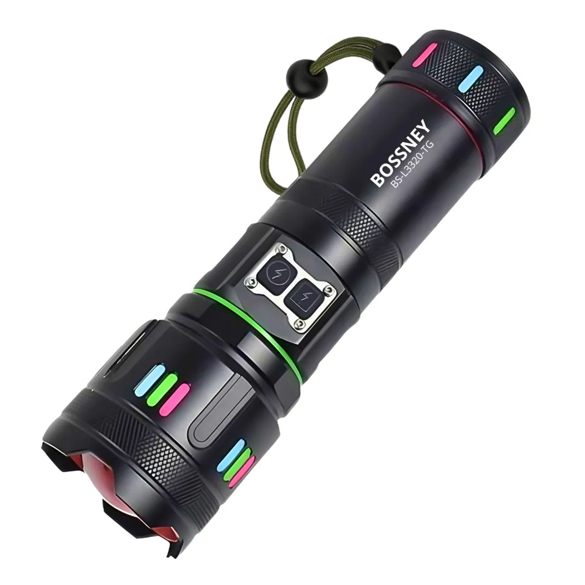 GENERICO - Linterna Táctica Bossney LED 3000m Zoom USB C con Luz Lateral RGB