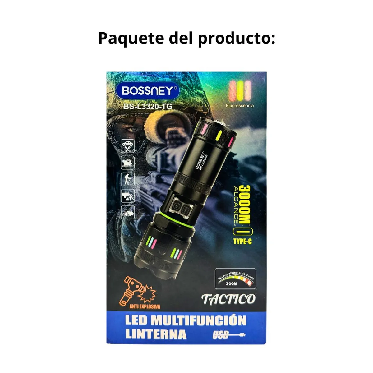 GENERICO - Linterna Táctica Bossney LED 3000m Zoom USB C con Luz Lateral RGB