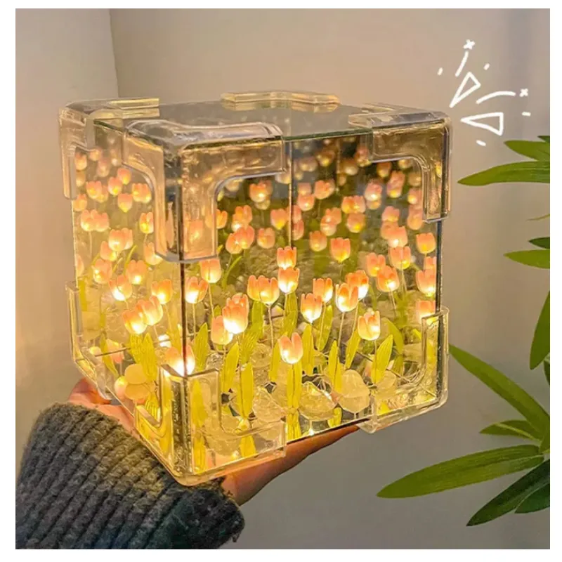 GENERICO - Lámpara Espejo cuadrado de Tulipanes Infinitos Cubo 3D