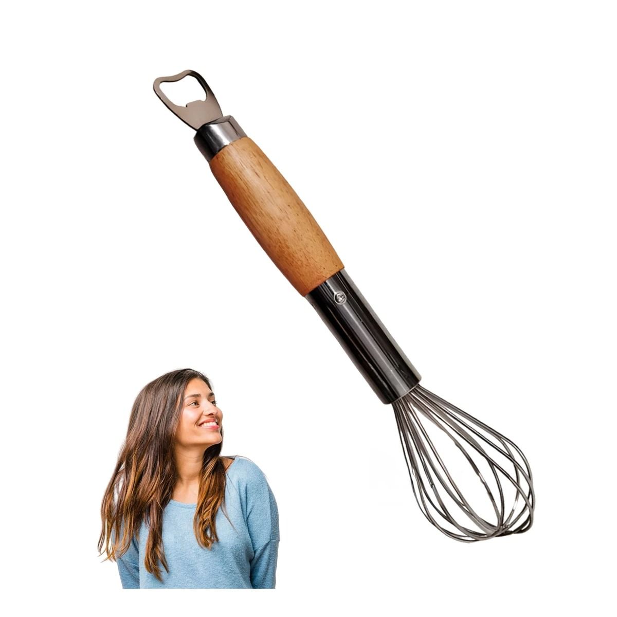 RYBIU IMPORT - Batidora Manual con Abridor y Mango Madera en Plateado