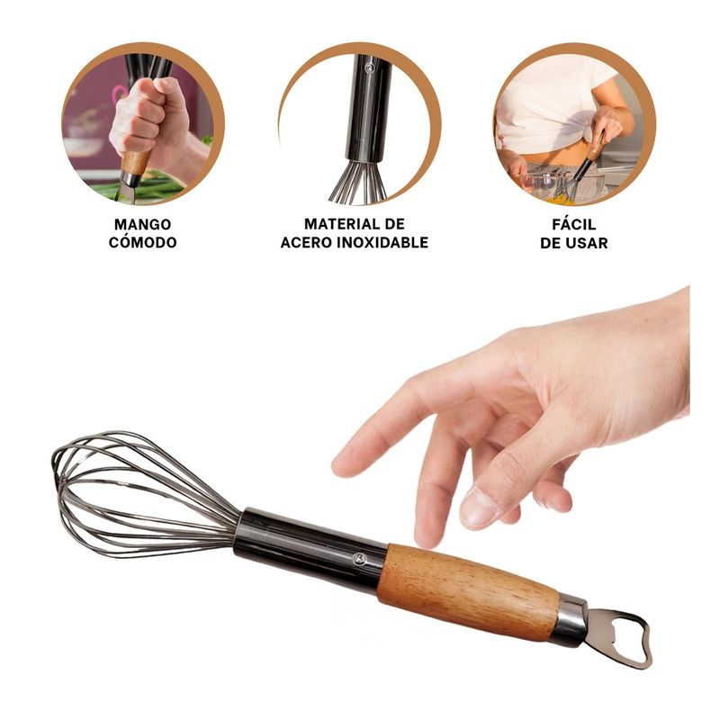 GENERICO - Pack2 Batidora Manual con Abridor y Mango Madera en Plateado