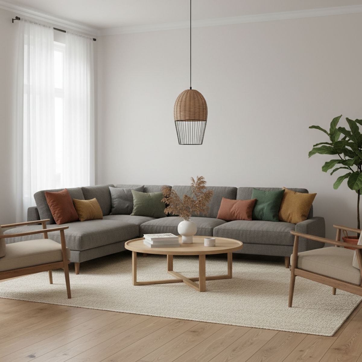 GENERICO - Lampara colgante de acero y ratán