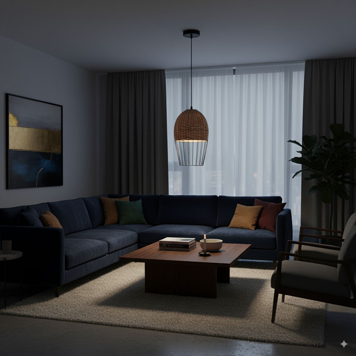 GENERICO - Lampara colgante de acero y ratán