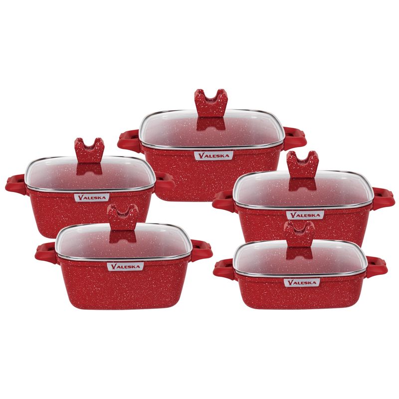 VALESKA - Juego de Ollas de Roca Volcánica VL-SQP10 Rojo