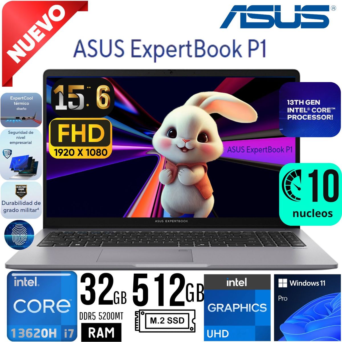 ASUS - Laptop  ASUS ExpertBook P1503CVA S71410 15 6 FHD TN  CORE I7 13620H RAM 32GB DDR5 SSD 512GB W11