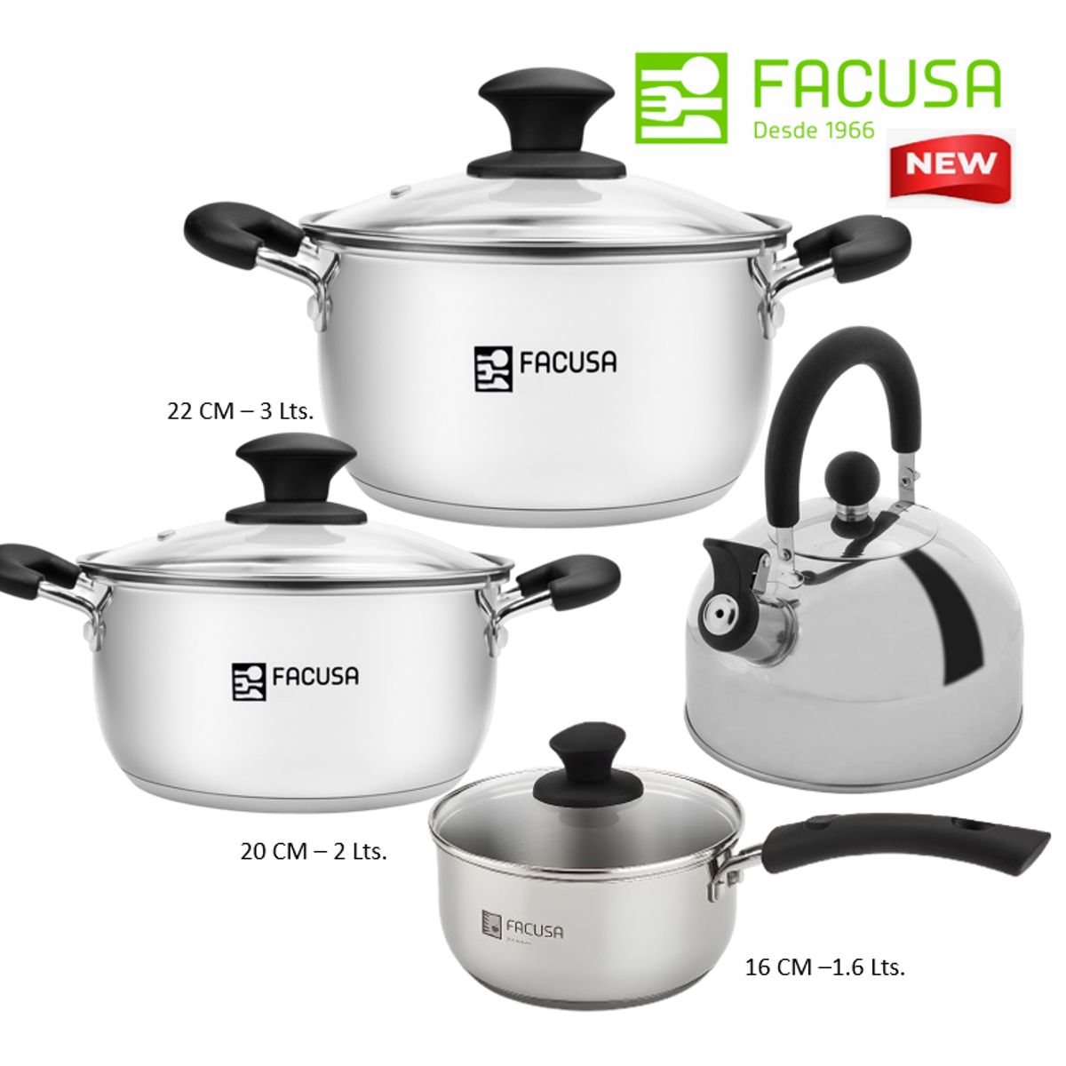 FACUSA - Juego de ollas 7 Piezas  Acero Inoxidable con tapa de vidrio Facusa