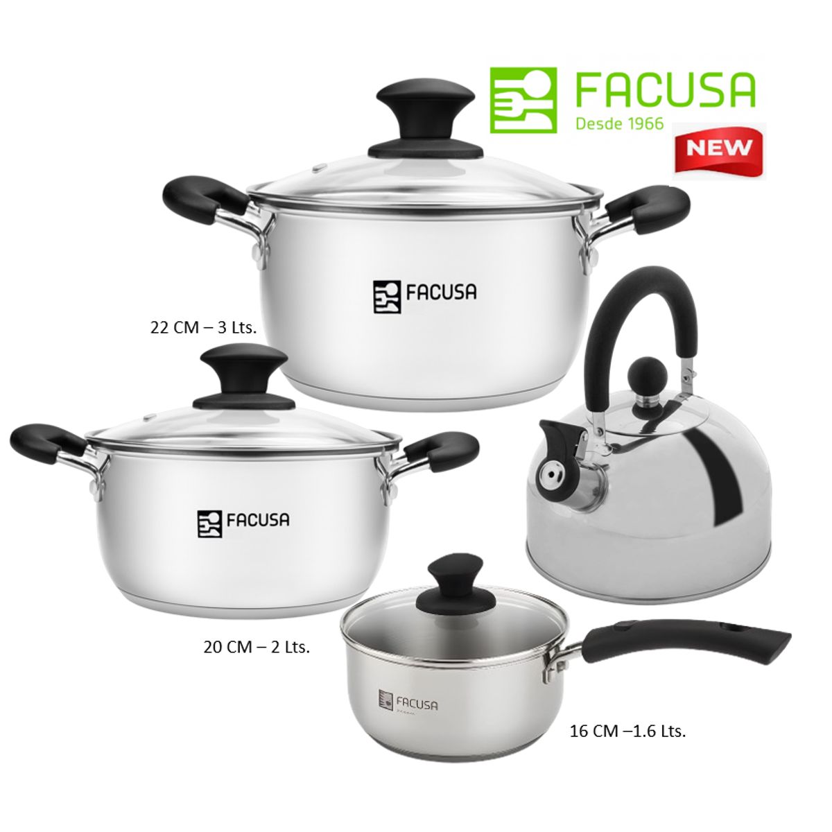 FACUSA - Juego de ollas 7 Piezas  Acero Inoxidable con tapa de vidrio Facusa