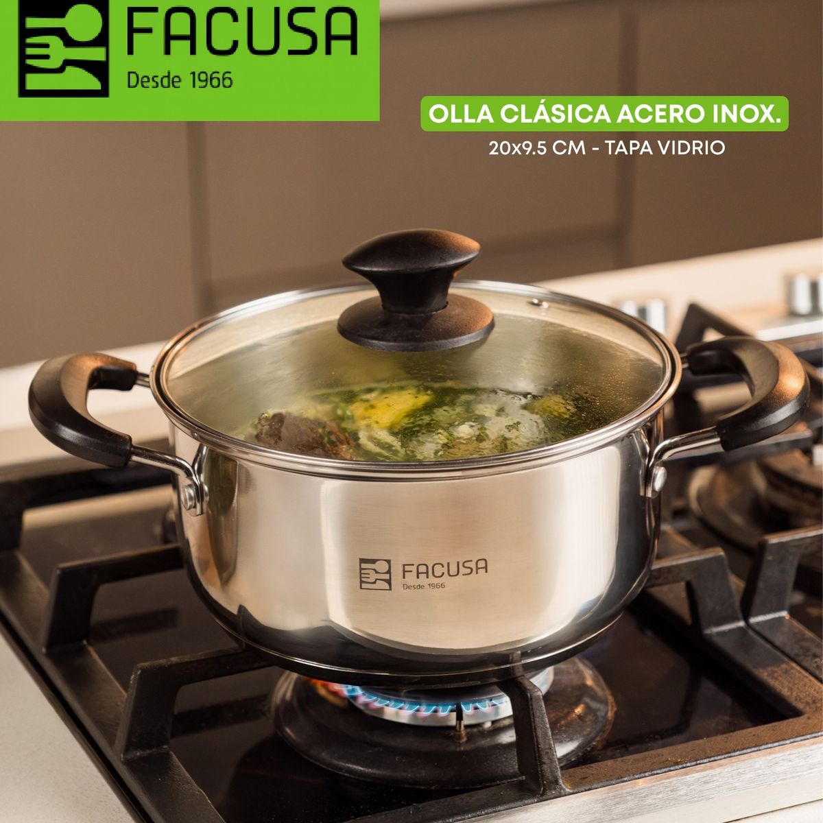 FACUSA - Juego de ollas 7 Piezas  Acero Inoxidable con tapa de vidrio Facusa