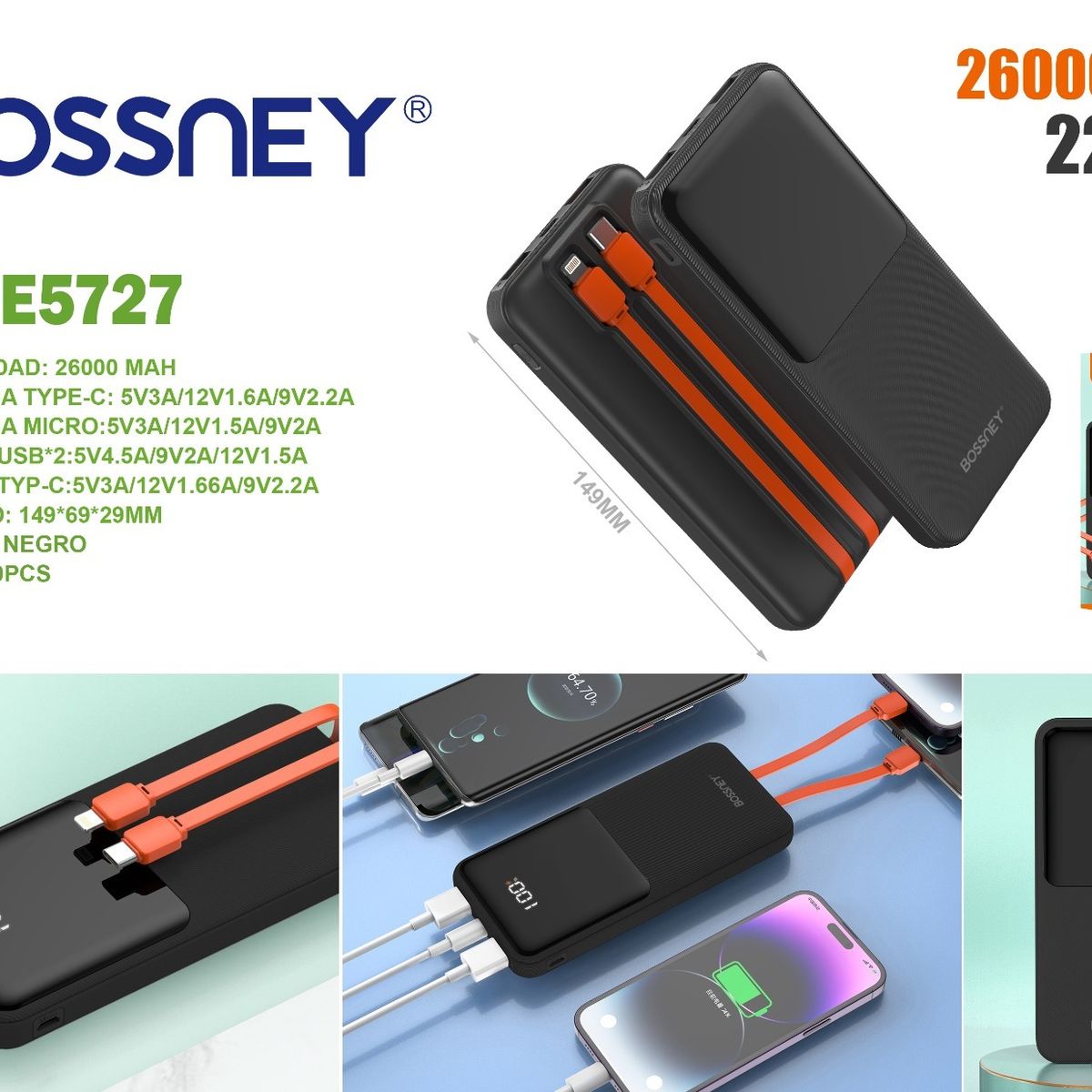 GENERICO - Cargador Portátil BOSSNEY de 26 000 mAh  22.5w carga rápida