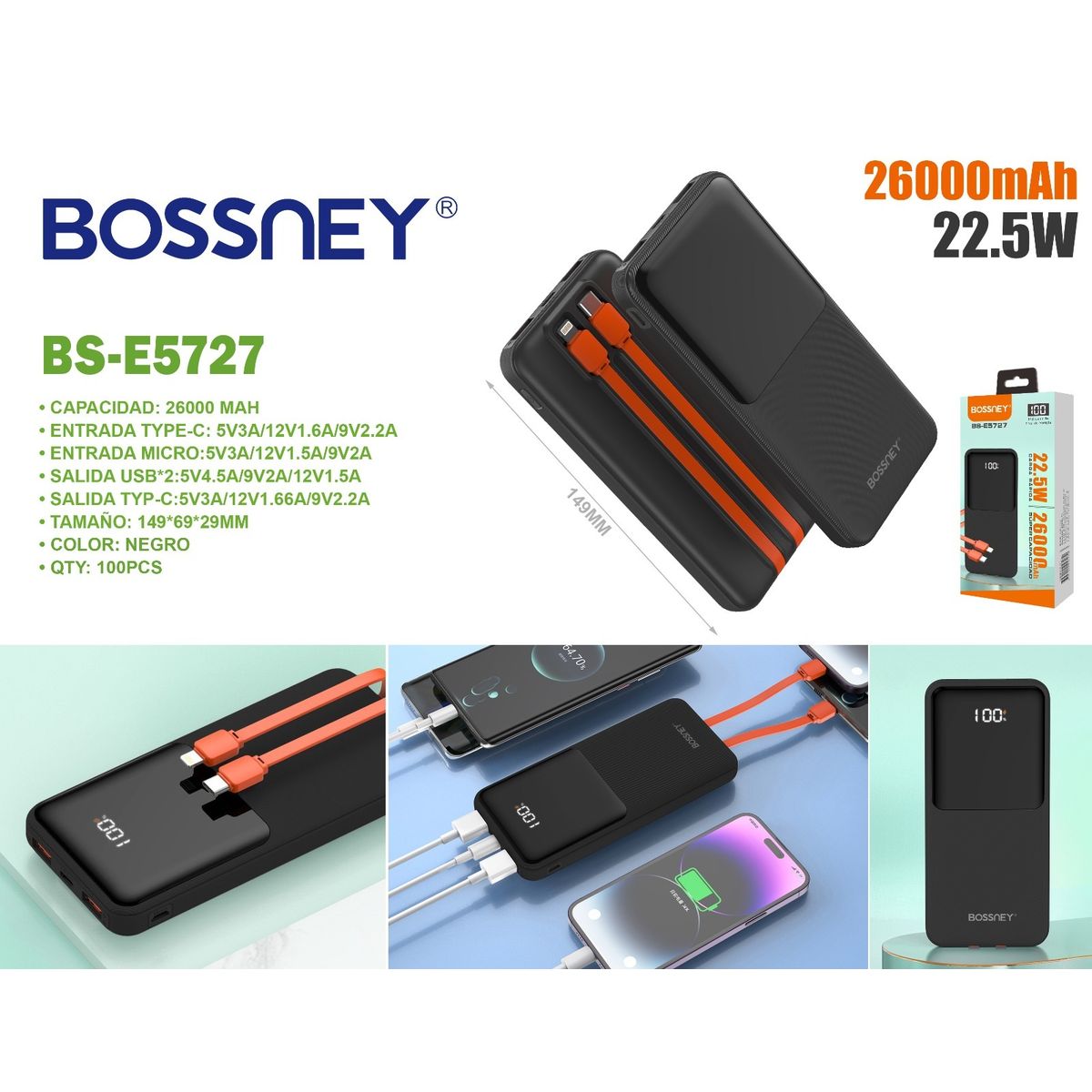 GENERICO - Cargador Portátil BOSSNEY de 26 000 mAh  22.5w carga rápida